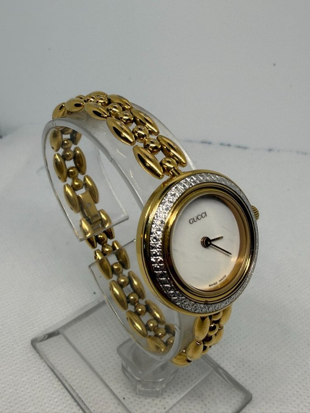Gucci 11/12.2 Women Gold Plate Diamond Bezel White Dial Swiss Watch + Bezel - Picture 8 of 16